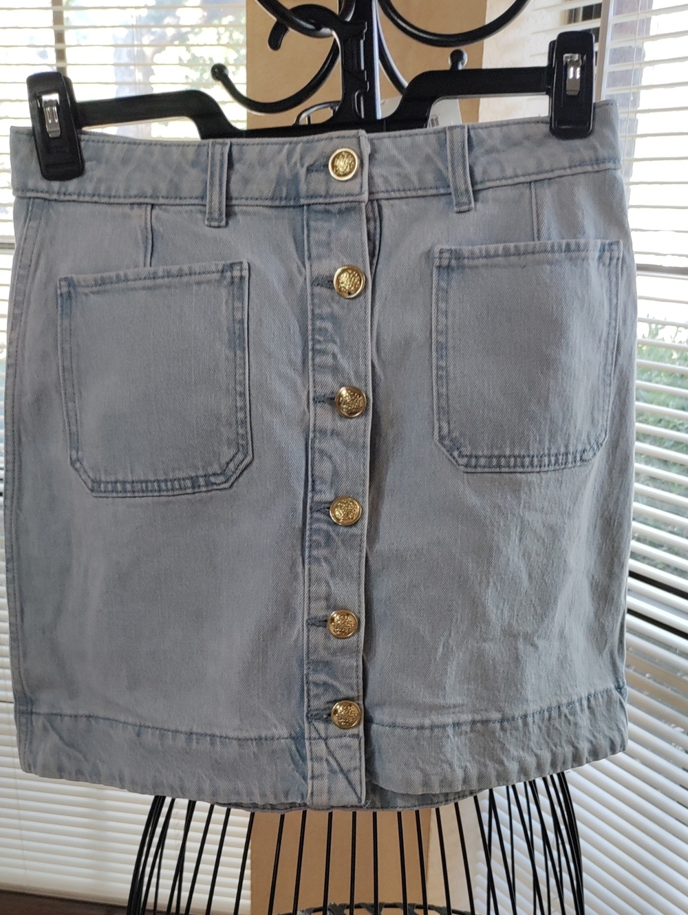 Free Assembly Ultra Light Blue Button-Front Mini Skirt with Patch Pockets
